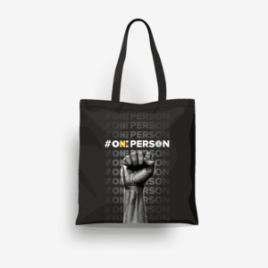 Front view of #OnePerson black tote bags