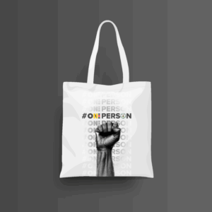Front view of #OnePerson white tote bags